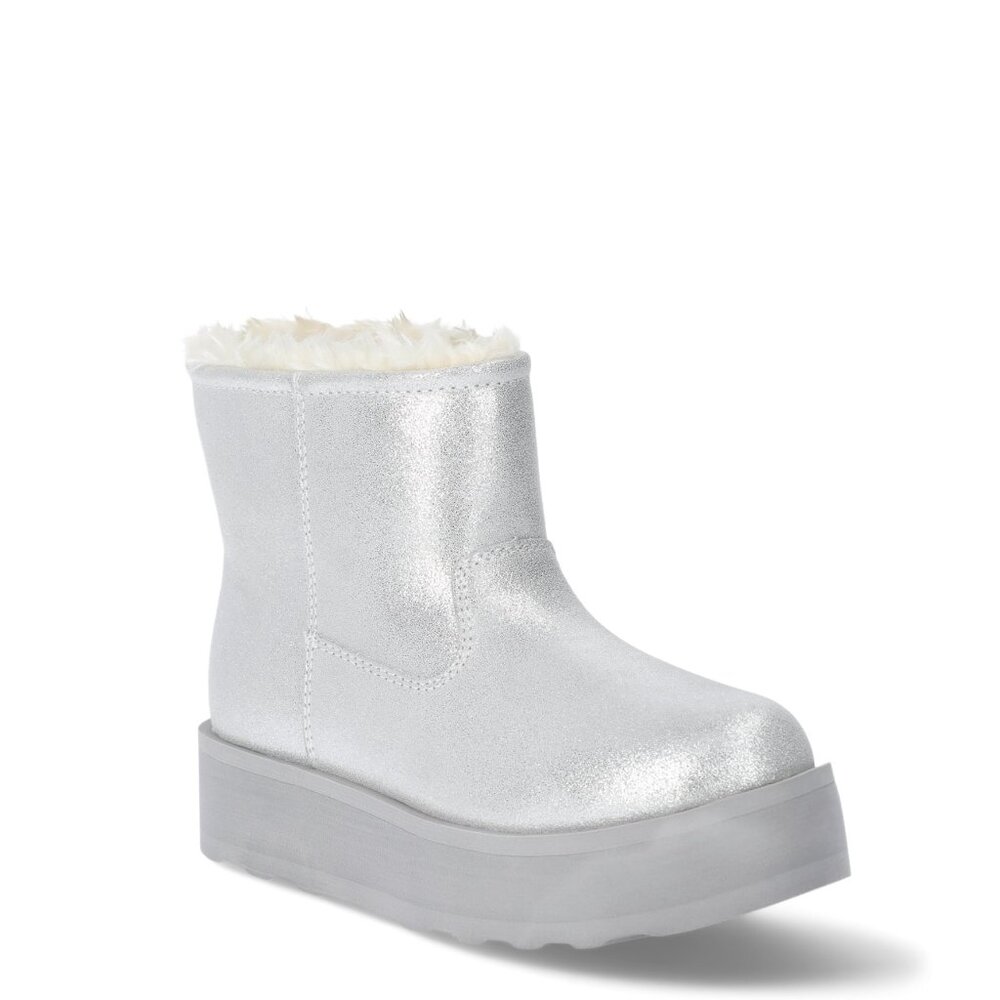 Time and Tru Womens Silver Suede Platform Boots Faux Fur Sparkly Size 8 NWT